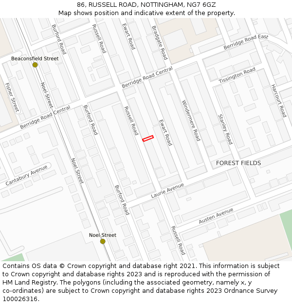 86, RUSSELL ROAD, NOTTINGHAM, NG7 6GZ: Location map and indicative extent of plot