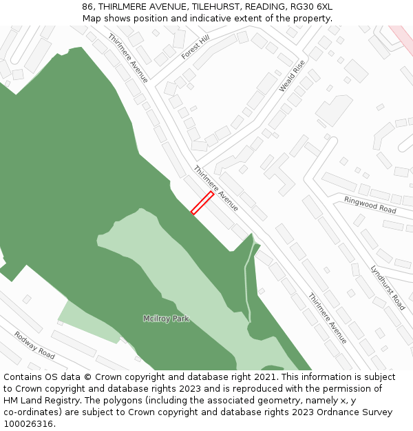 86, THIRLMERE AVENUE, TILEHURST, READING, RG30 6XL: Location map and indicative extent of plot