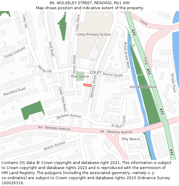 86, WOLSELEY STREET, READING, RG1 6AY: Location map and indicative extent of plot