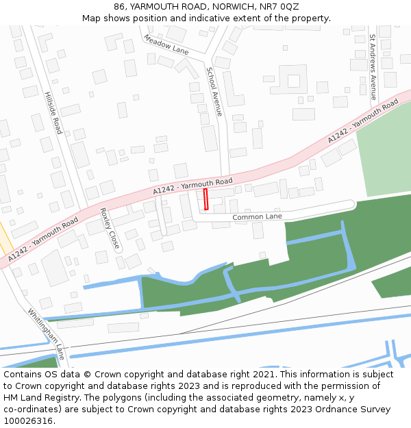 86, YARMOUTH ROAD, NORWICH, NR7 0QZ: Location map and indicative extent of plot