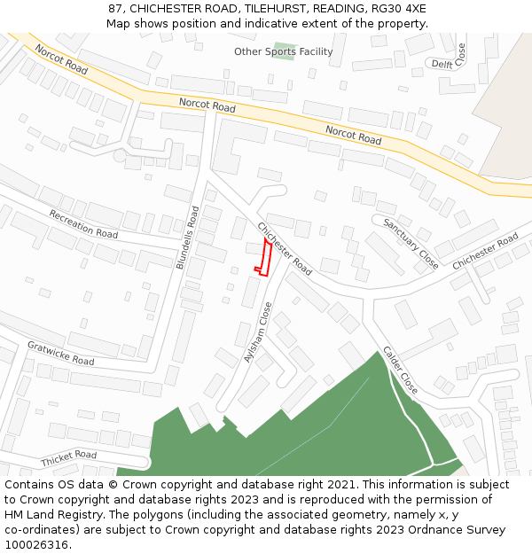 87, CHICHESTER ROAD, TILEHURST, READING, RG30 4XE: Location map and indicative extent of plot