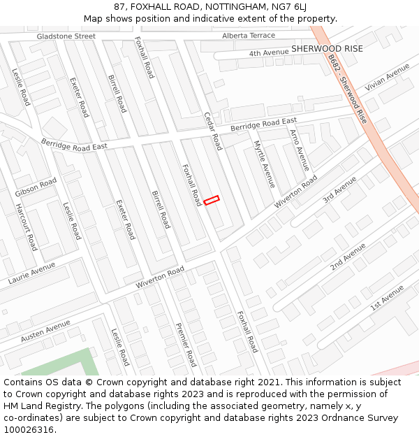 87, FOXHALL ROAD, NOTTINGHAM, NG7 6LJ: Location map and indicative extent of plot