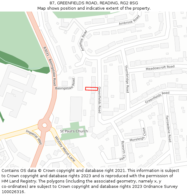 87, GREENFIELDS ROAD, READING, RG2 8SG: Location map and indicative extent of plot