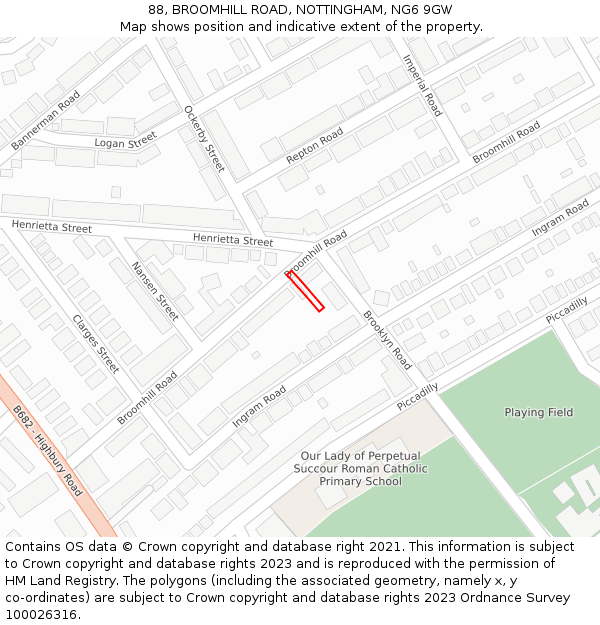 88, BROOMHILL ROAD, NOTTINGHAM, NG6 9GW: Location map and indicative extent of plot