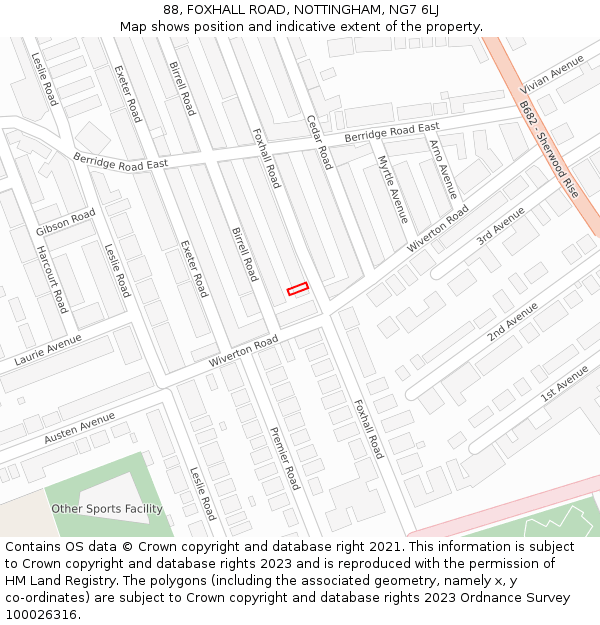 88, FOXHALL ROAD, NOTTINGHAM, NG7 6LJ: Location map and indicative extent of plot