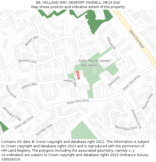 88, HOLLAND WAY, NEWPORT PAGNELL, MK16 0LW: Location map and indicative extent of plot