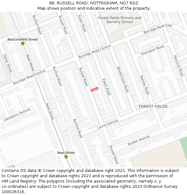 88, RUSSELL ROAD, NOTTINGHAM, NG7 6GZ: Location map and indicative extent of plot