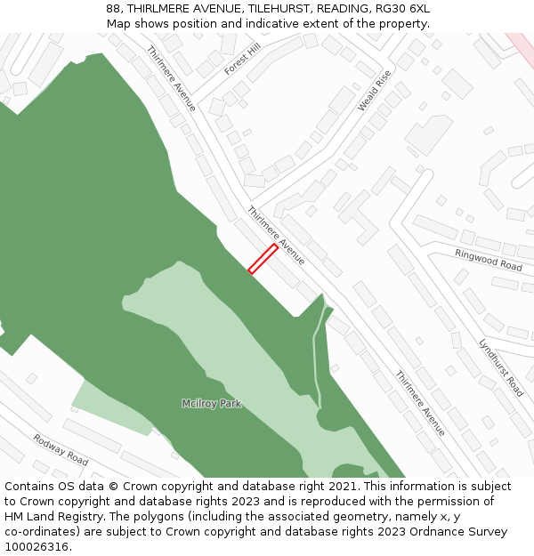 88, THIRLMERE AVENUE, TILEHURST, READING, RG30 6XL: Location map and indicative extent of plot
