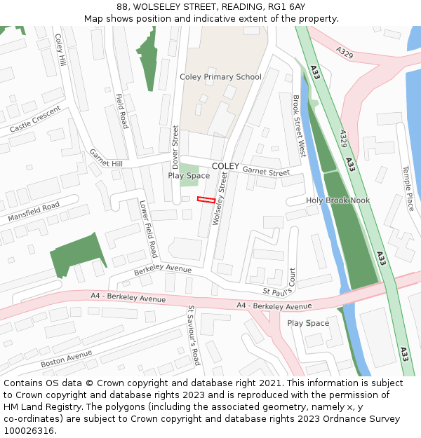 88, WOLSELEY STREET, READING, RG1 6AY: Location map and indicative extent of plot