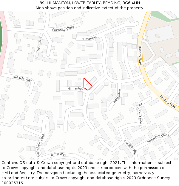 89, HILMANTON, LOWER EARLEY, READING, RG6 4HN: Location map and indicative extent of plot