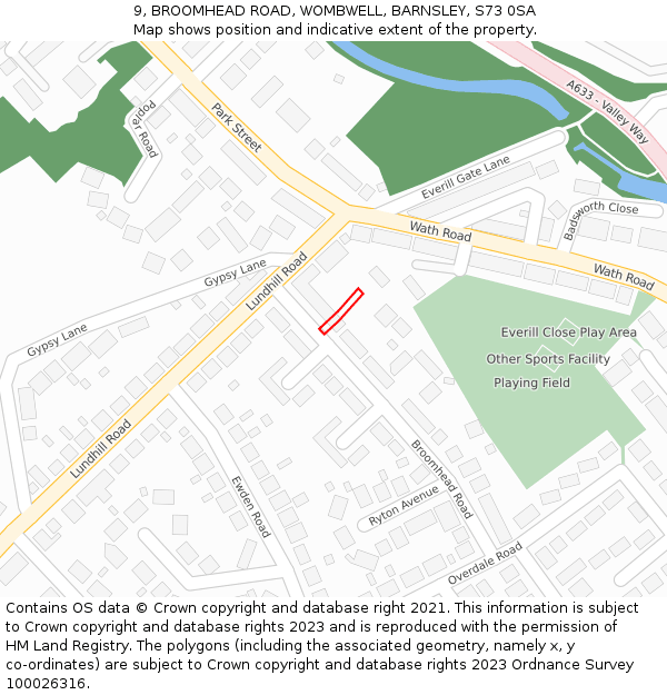 9, BROOMHEAD ROAD, WOMBWELL, BARNSLEY, S73 0SA: Location map and indicative extent of plot
