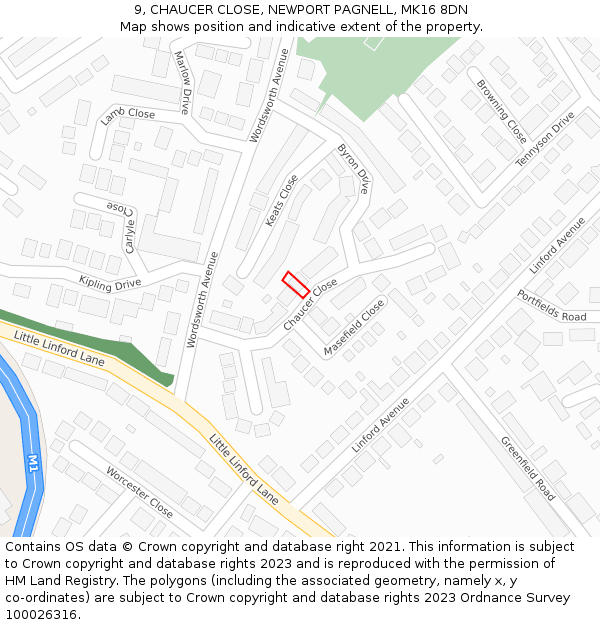 9, CHAUCER CLOSE, NEWPORT PAGNELL, MK16 8DN: Location map and indicative extent of plot