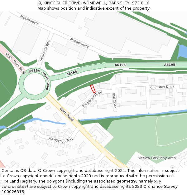 9, KINGFISHER DRIVE, WOMBWELL, BARNSLEY, S73 0UX: Location map and indicative extent of plot