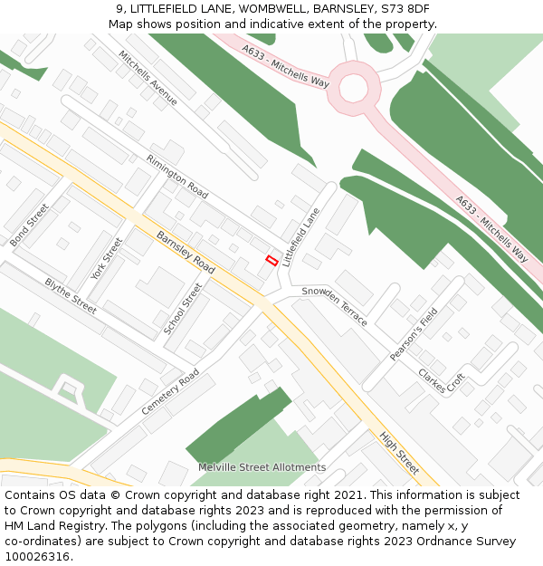 9, LITTLEFIELD LANE, WOMBWELL, BARNSLEY, S73 8DF: Location map and indicative extent of plot