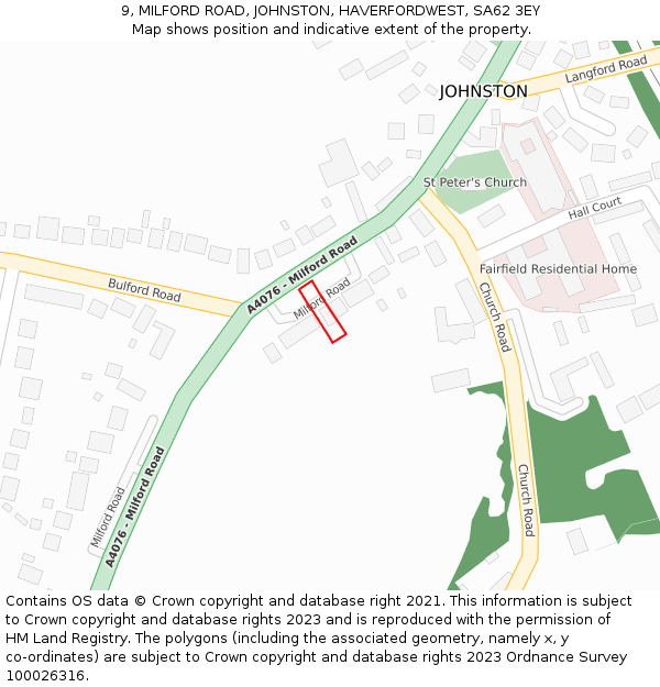 9, MILFORD ROAD, JOHNSTON, HAVERFORDWEST, SA62 3EY: Location map and indicative extent of plot