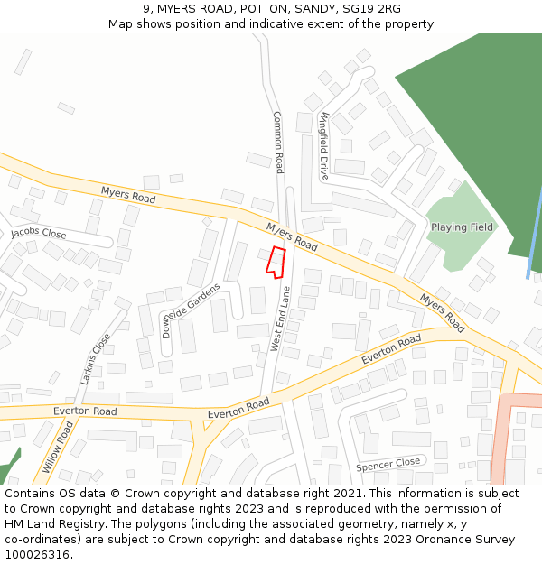 9, MYERS ROAD, POTTON, SANDY, SG19 2RG: Location map and indicative extent of plot