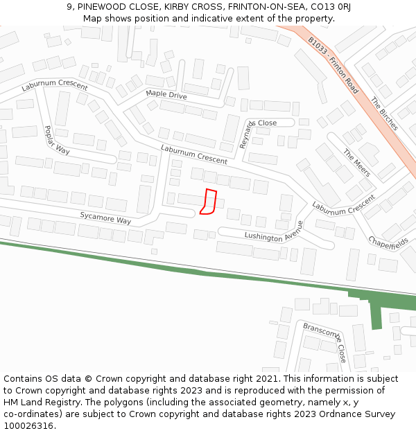 9, PINEWOOD CLOSE, KIRBY CROSS, FRINTON-ON-SEA, CO13 0RJ: Location map and indicative extent of plot