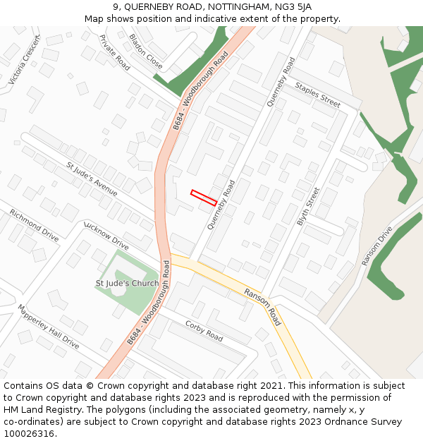 9, QUERNEBY ROAD, NOTTINGHAM, NG3 5JA: Location map and indicative extent of plot
