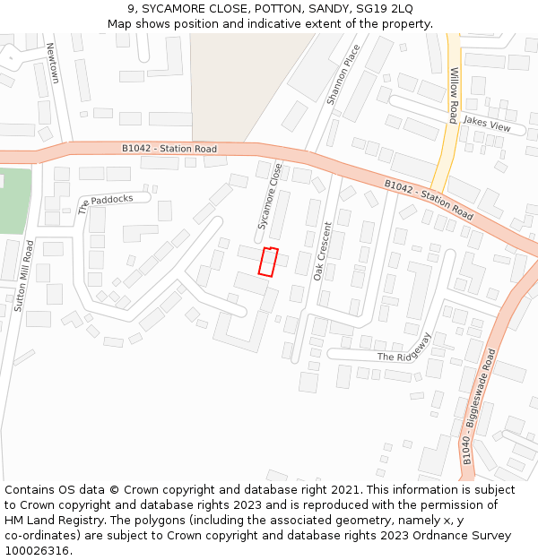 9, SYCAMORE CLOSE, POTTON, SANDY, SG19 2LQ: Location map and indicative extent of plot