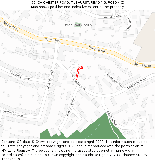 90, CHICHESTER ROAD, TILEHURST, READING, RG30 4XD: Location map and indicative extent of plot