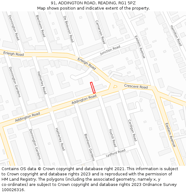91, ADDINGTON ROAD, READING, RG1 5PZ: Location map and indicative extent of plot