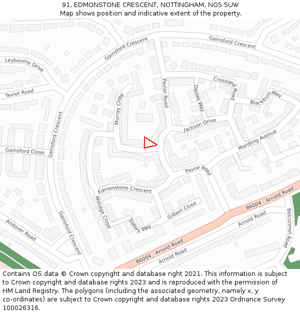 91, EDMONSTONE CRESCENT, NOTTINGHAM, NG5 5UW: Location map and indicative extent of plot