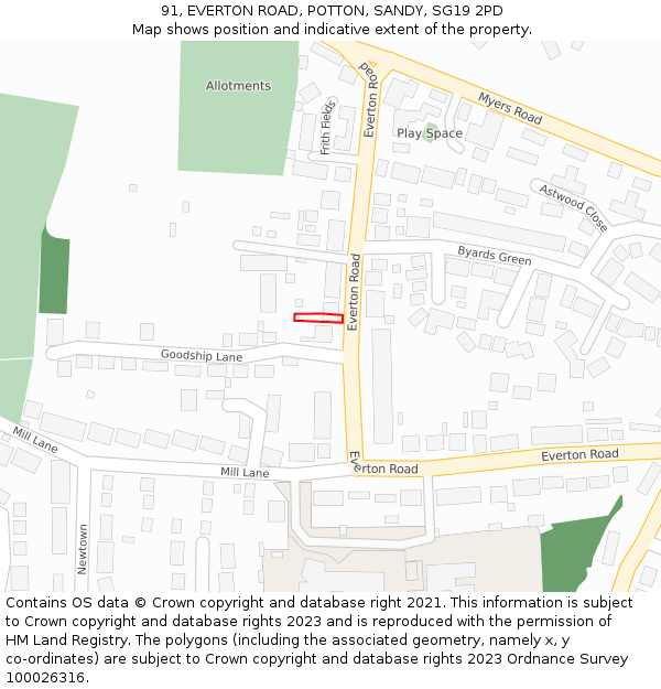 91, EVERTON ROAD, POTTON, SANDY, SG19 2PD: Location map and indicative extent of plot