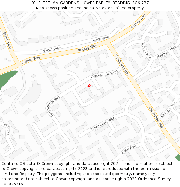 91, FLEETHAM GARDENS, LOWER EARLEY, READING, RG6 4BZ: Location map and indicative extent of plot