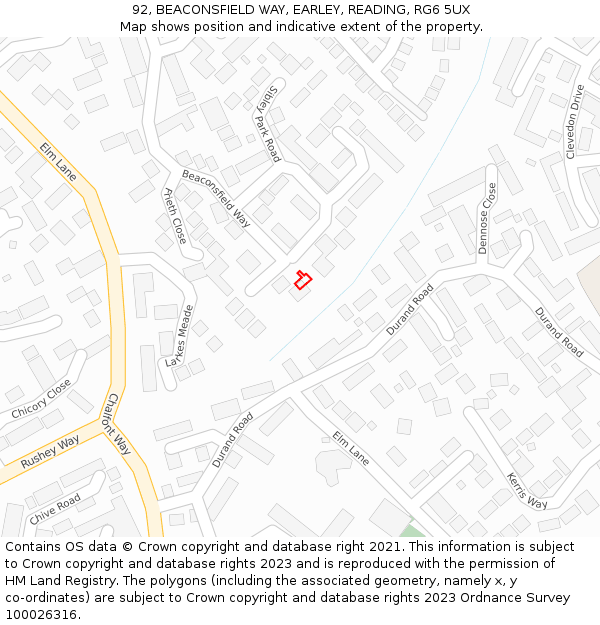 92, BEACONSFIELD WAY, EARLEY, READING, RG6 5UX: Location map and indicative extent of plot