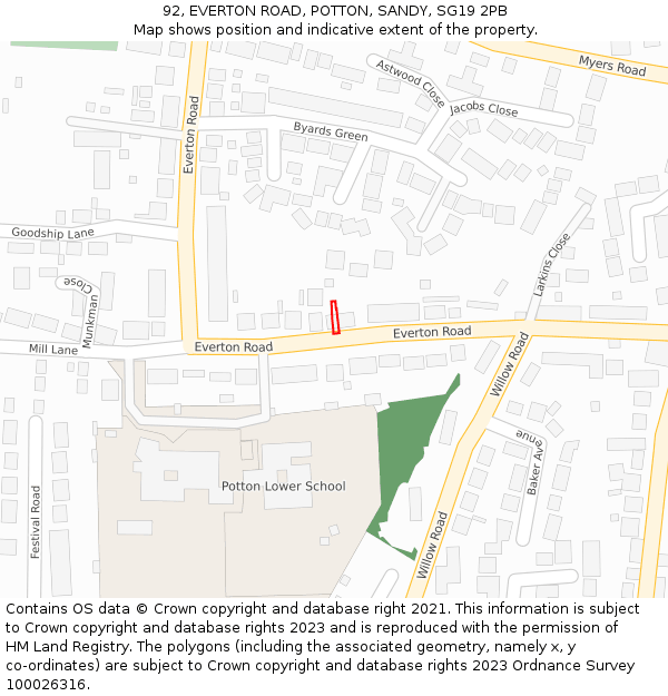 92, EVERTON ROAD, POTTON, SANDY, SG19 2PB: Location map and indicative extent of plot