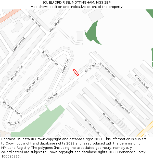 93, ELFORD RISE, NOTTINGHAM, NG3 2BP: Location map and indicative extent of plot