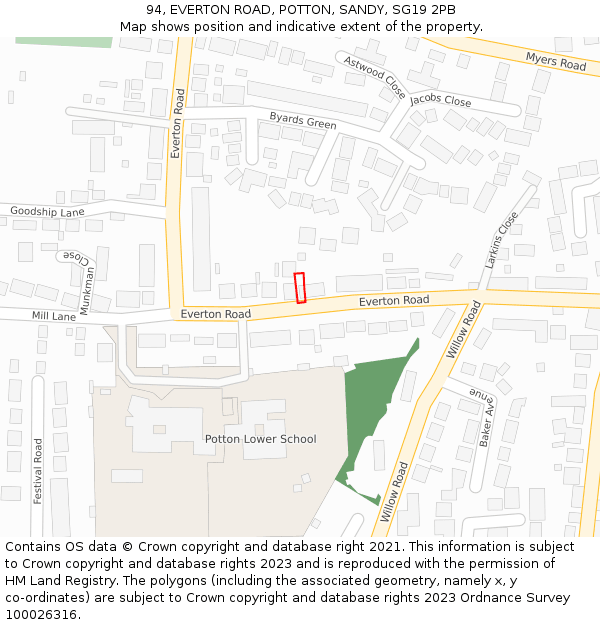 94, EVERTON ROAD, POTTON, SANDY, SG19 2PB: Location map and indicative extent of plot