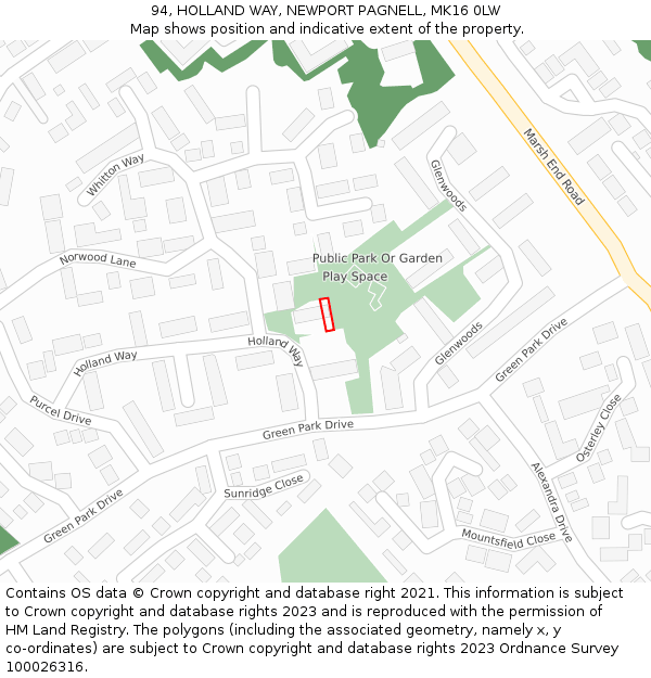 94, HOLLAND WAY, NEWPORT PAGNELL, MK16 0LW: Location map and indicative extent of plot