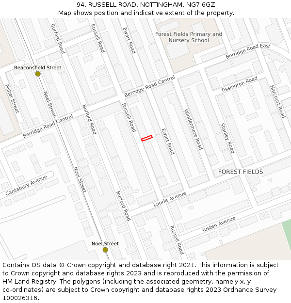 94, RUSSELL ROAD, NOTTINGHAM, NG7 6GZ: Location map and indicative extent of plot