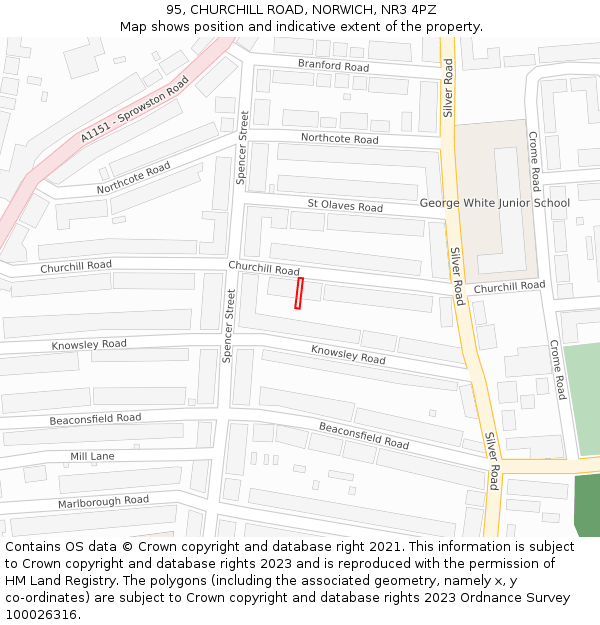 95, CHURCHILL ROAD, NORWICH, NR3 4PZ: Location map and indicative extent of plot