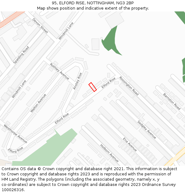 95, ELFORD RISE, NOTTINGHAM, NG3 2BP: Location map and indicative extent of plot
