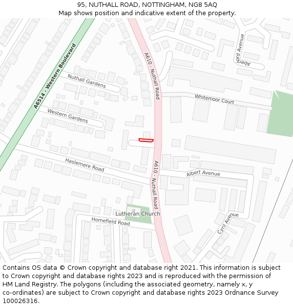95, NUTHALL ROAD, NOTTINGHAM, NG8 5AQ: Location map and indicative extent of plot