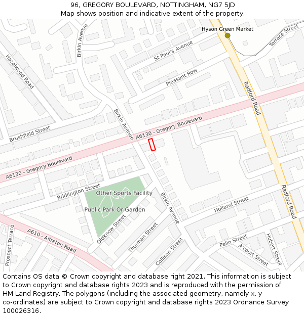 96, GREGORY BOULEVARD, NOTTINGHAM, NG7 5JD: Location map and indicative extent of plot