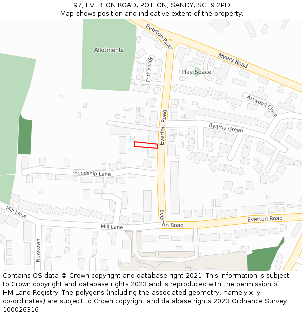 97, EVERTON ROAD, POTTON, SANDY, SG19 2PD: Location map and indicative extent of plot