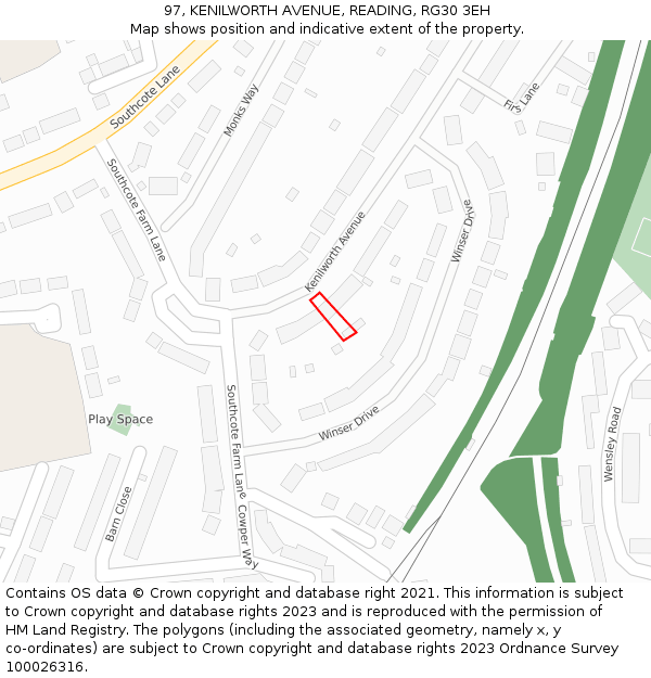 97, KENILWORTH AVENUE, READING, RG30 3EH: Location map and indicative extent of plot