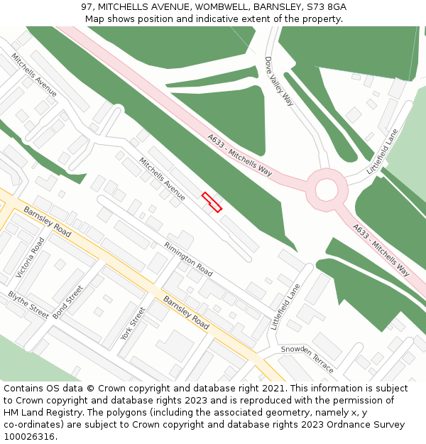 97, MITCHELLS AVENUE, WOMBWELL, BARNSLEY, S73 8GA: Location map and indicative extent of plot