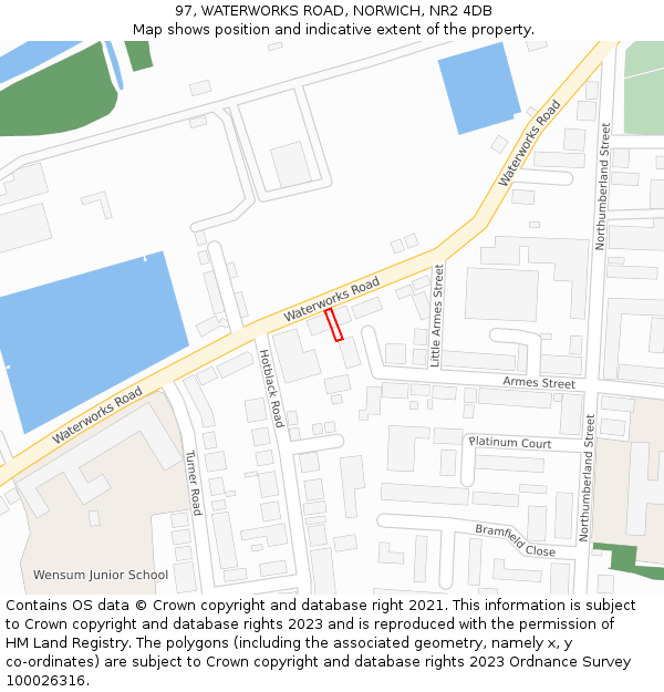 97, WATERWORKS ROAD, NORWICH, NR2 4DB: Location map and indicative extent of plot