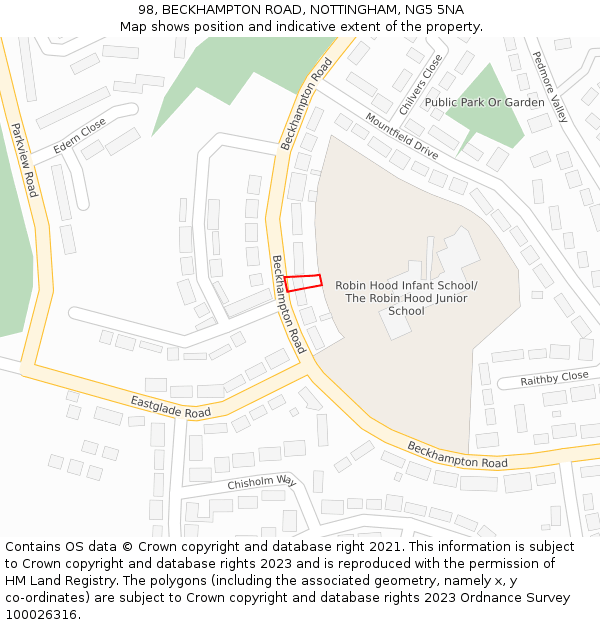 98, BECKHAMPTON ROAD, NOTTINGHAM, NG5 5NA: Location map and indicative extent of plot