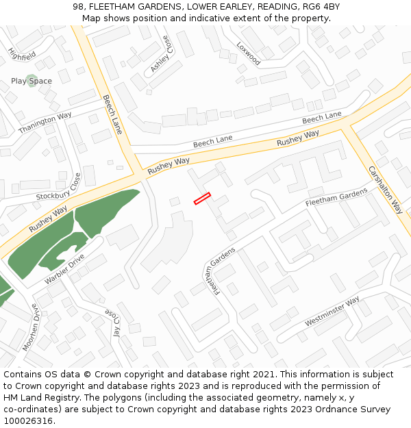 98, FLEETHAM GARDENS, LOWER EARLEY, READING, RG6 4BY: Location map and indicative extent of plot