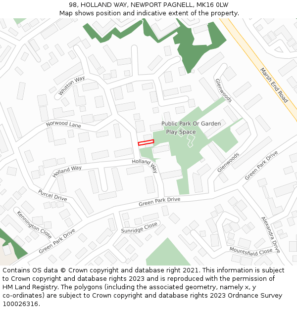 98, HOLLAND WAY, NEWPORT PAGNELL, MK16 0LW: Location map and indicative extent of plot