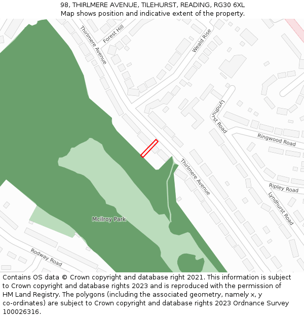 98, THIRLMERE AVENUE, TILEHURST, READING, RG30 6XL: Location map and indicative extent of plot