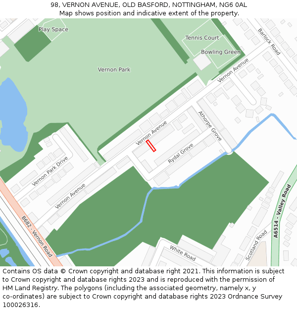 98, VERNON AVENUE, OLD BASFORD, NOTTINGHAM, NG6 0AL: Location map and indicative extent of plot