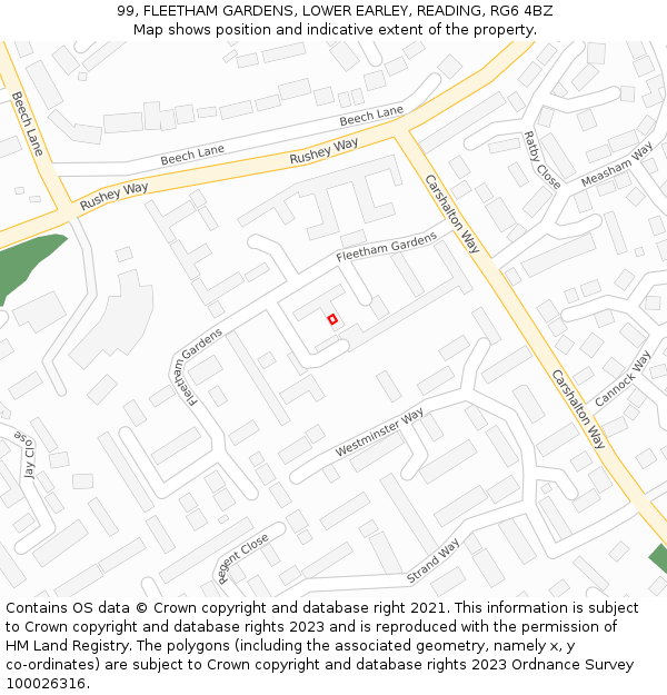 99, FLEETHAM GARDENS, LOWER EARLEY, READING, RG6 4BZ: Location map and indicative extent of plot