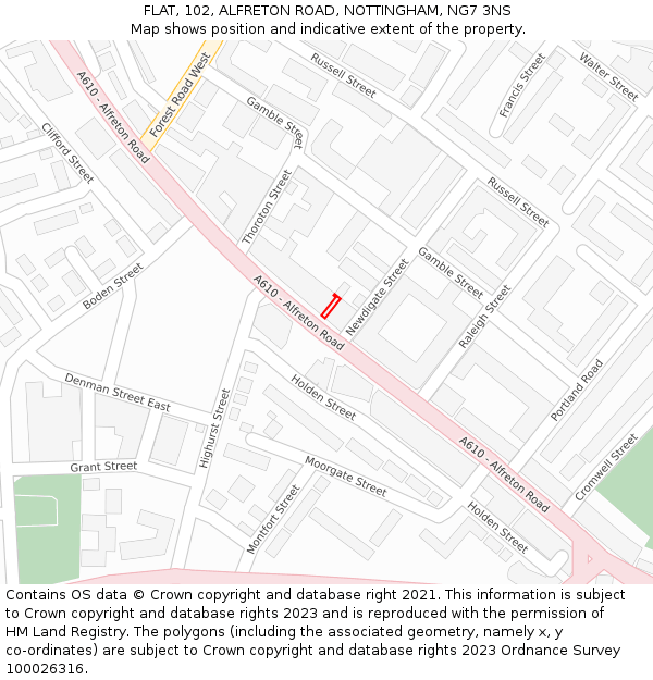 FLAT, 102, ALFRETON ROAD, NOTTINGHAM, NG7 3NS: Location map and indicative extent of plot