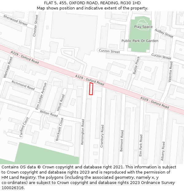 FLAT 5, 455, OXFORD ROAD, READING, RG30 1HD: Location map and indicative extent of plot